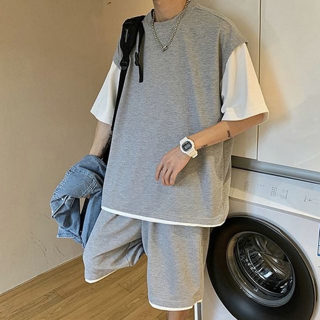남성 배색 반팔 반바지 루즈핏 상하의 데일리 셋업 2색