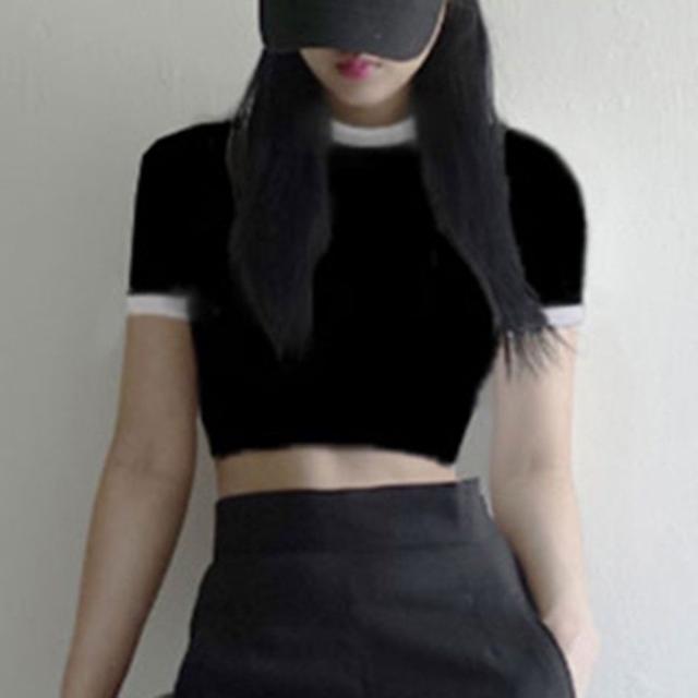 코튼 배색 반팔 크롭 티셔츠 슬림핏 여성 면 티셔츠