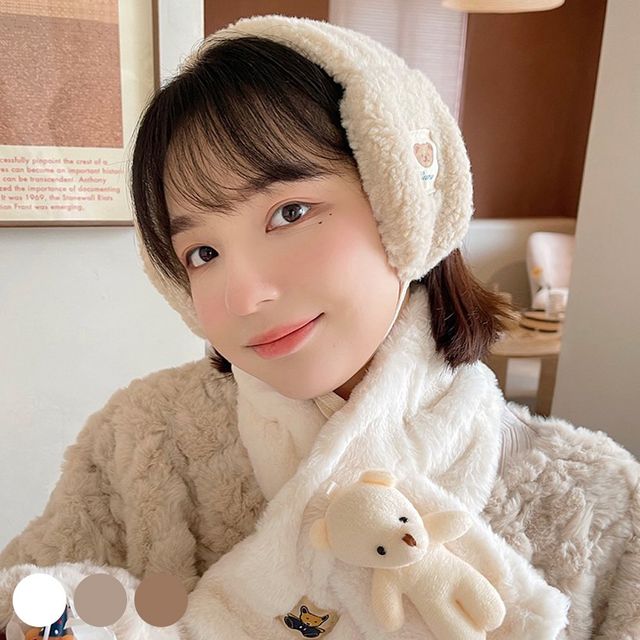 온나핏 뽀글뽀글 양털 곰돌이 패치 따뜻한 귀마개 URD