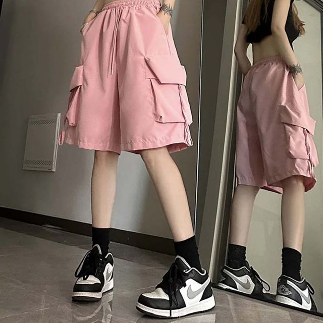 분홍색 카고 반바지 여름 여성 여자 청반바지 코디