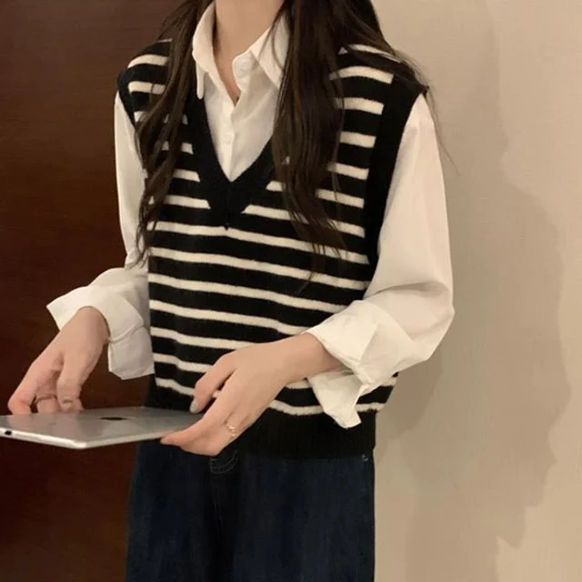 여성 베스트 패션 브이넥 봄가을 니트 단가라 조끼
