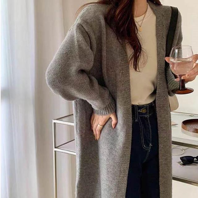 여성 모던 롱 니트가디건 로브 아우터 노버튼 오픈형