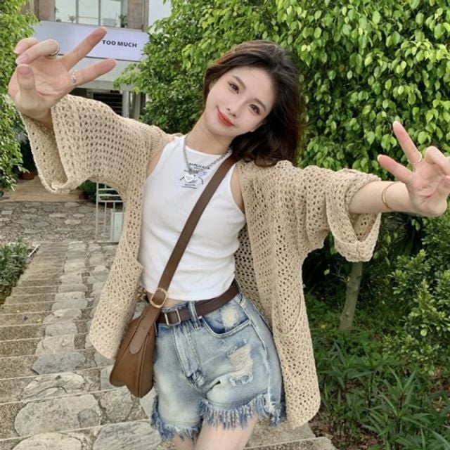 망사 가디건 뜨게 비치 니트 루즈핏 데일리