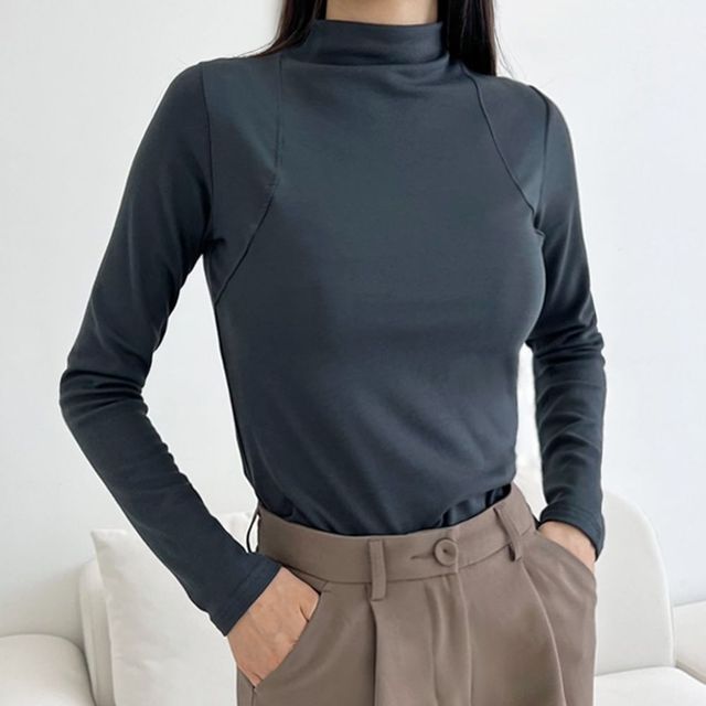 숄더라인 여성 티셔츠 반목 폴라 기모 긴팔 티셔츠 겨울티셔츠 반목폴라 여성옷 여성티셔츠긴팔
