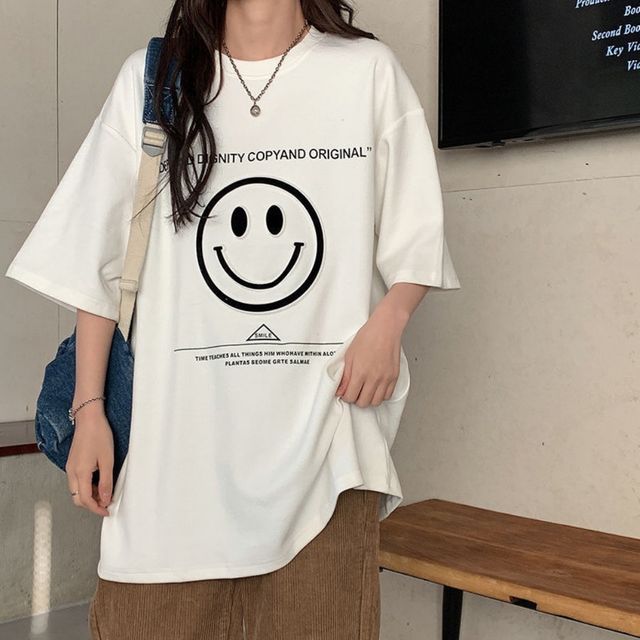 스마일 영문 프린팅 여성 편한 루즈핏 반팔티