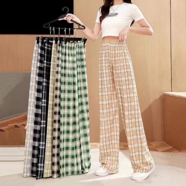 여성 체크 와이드 팬츠, 여름용 아이스 홈웨어 통바지