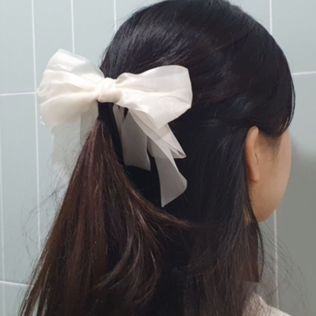 리본 바나나핀 올림머리 왕리본 헤어핀 흰색