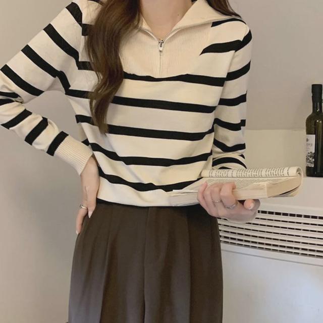 봄 가을 하이넥 반집업 니트 긴팔 데일리 여자 티셔츠