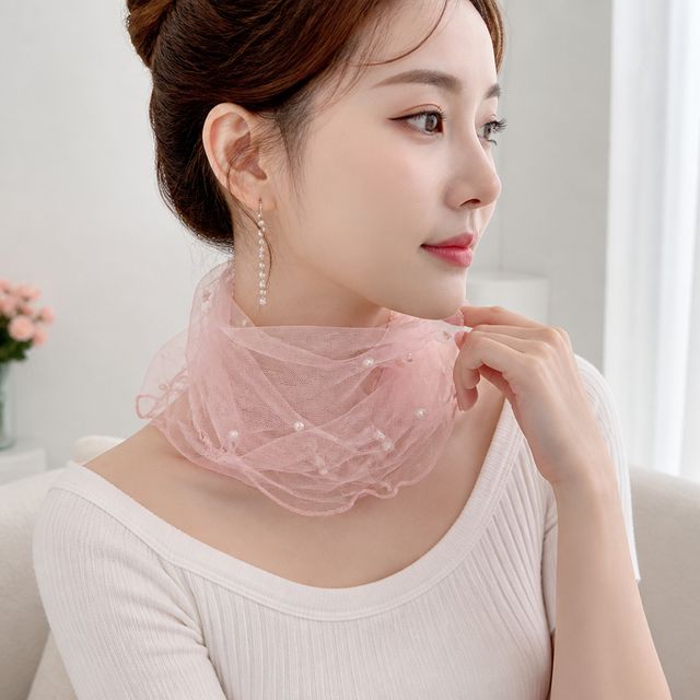 여성 시스루 망사 스카프 쁘띠 미니 진주워머 목도리