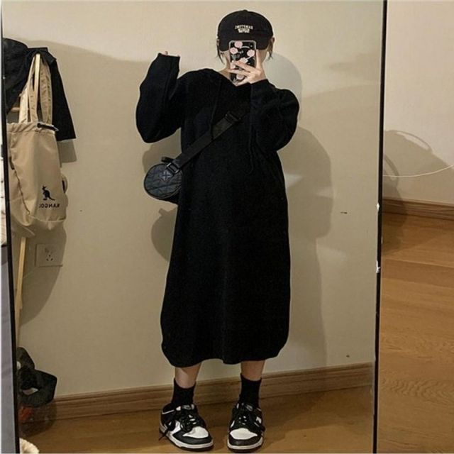 베이직 메이비굿 후드 롱원피스 데일리룩