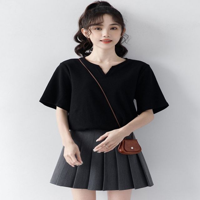 여성 여름 반팔 티셔츠, 블랙 브이넥 심플 데일리