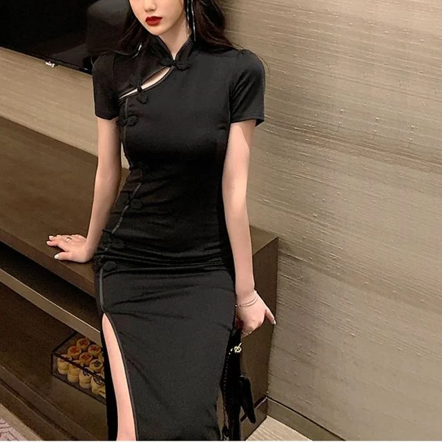 블랙 고급 차이나카라 치파오 반팔 롱원피스