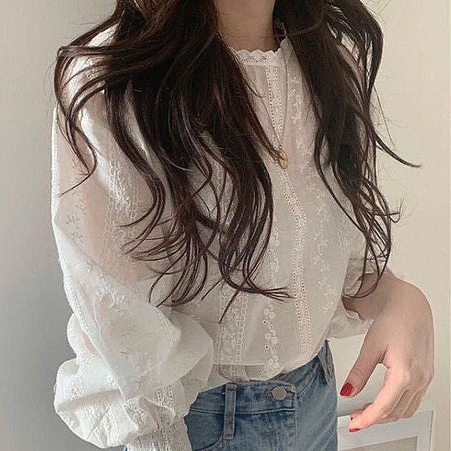 여자 데일리 프릴 플리츠소매 긴팔 블라우스