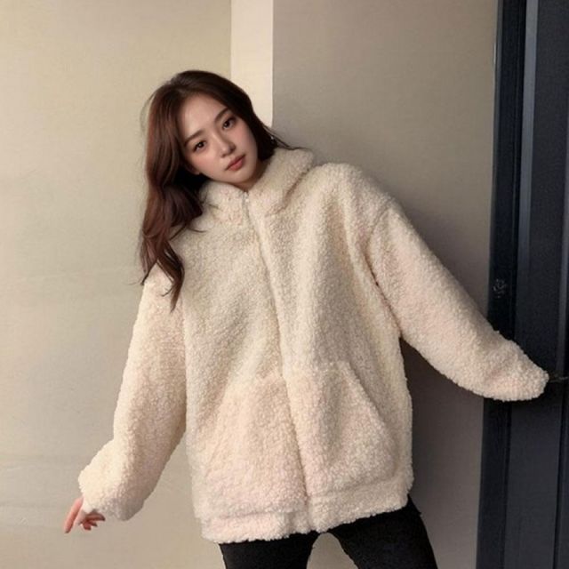 베이지 컬러 플리스 뽀글이 후드집업 겨울용 헤비 아우터