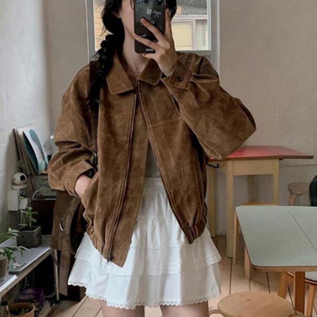 소프트한스웨이드가죽 심플 반 집업아우터 점퍼