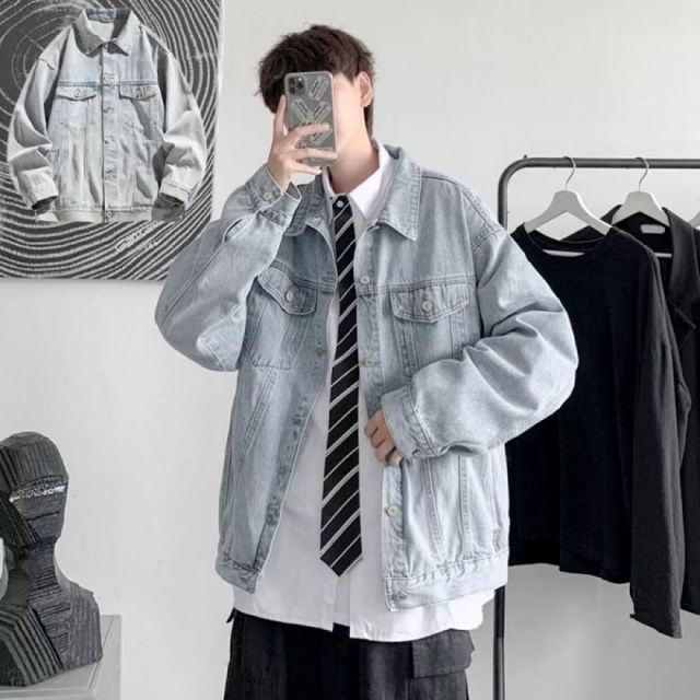 남성용 연청 데님 재킷 루즈핏 캐주얼 아우터웨어