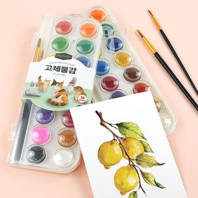 미술 16색 물감 그림 수채화 세트 고체 핑크풋