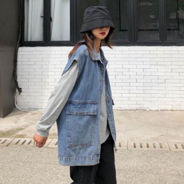 가을 여성 데님 간절기 레이어드 아우터 브이넥 청조끼 루즈핏 조끼 데일리룩 상의