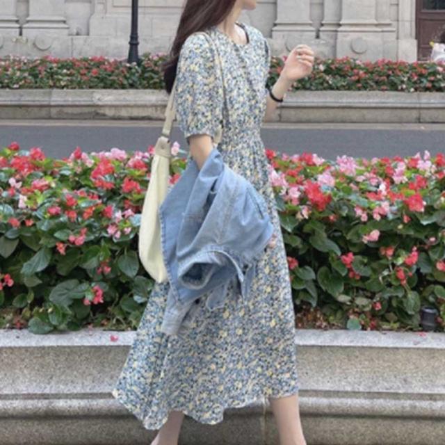 플라워패턴 가벼운 반팔 원피스 윗 허리 밴딩 여친룩
