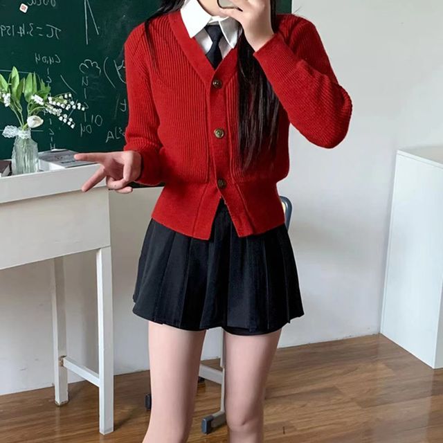 교복몰 3버튼 긴팔 빨강 가디건 교복셔츠 세라복 세트