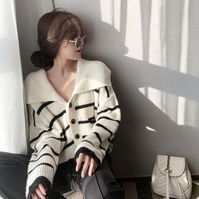 핏 카라 브이넥 가디건 여리 스트라이프 ivory