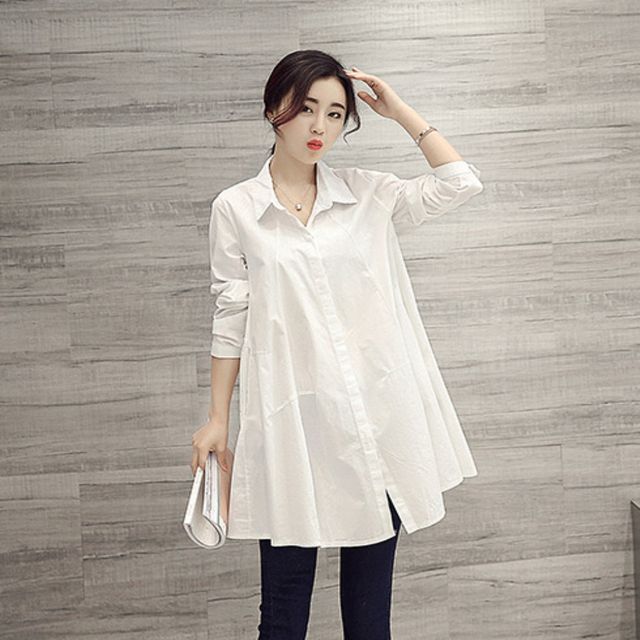 A라인롱남방 플레어롱셔츠 블랙 화이트 셔츠원피스 - 여성스러운 실루엣