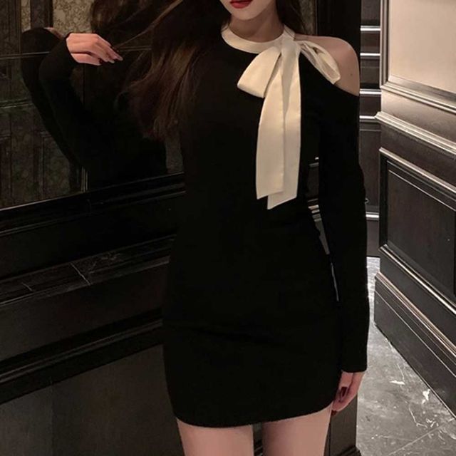 리본 원피스 블랙 슬림핏 미니 드레스 하객룩 파티룩