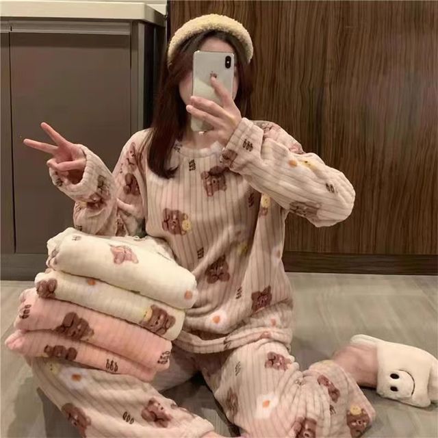 몽실 극세사 베어 플라워 홈웨어 잠옷 파자마 세트