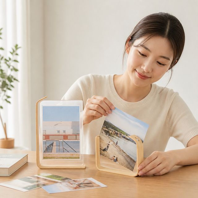 아크릴 사진액자 원목 프레임 데스크 인테리어 소품 탁상용 꽂이