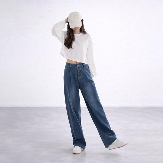 앞부분 주름포인트 캐주얼 데일리 여성 청바지 통데님
