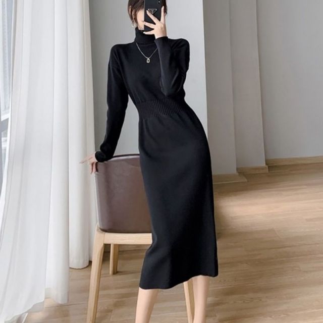 페미닌 폴라티 폴라넥 데일리 골지 긴팔원피스 폴라