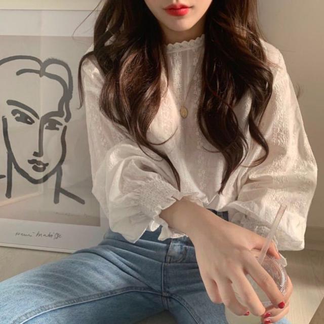 여성 봄 가을 프릴블라우스 플리츠소매 블라우스 셔츠