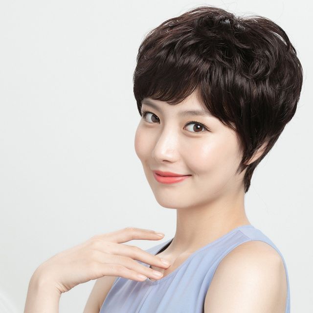 인모 숏컷 가발 여성 사무 볼륨 가발셋