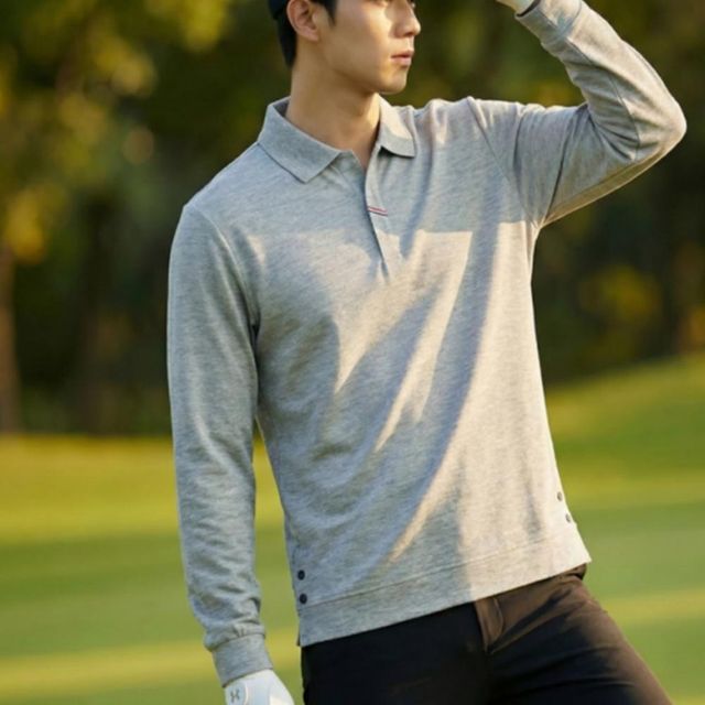 남성 간절기 브이넥 카라 긴팔 밑단 단추 골프 티셔츠