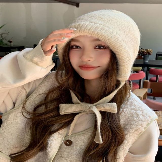 여성 4컬러 귀여운 니트모자 겨울 귀달이 끈 니트비니