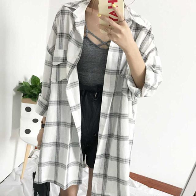 여자 간절기 바캉스 룩 휴가지 롱 셔츠 체크 남방