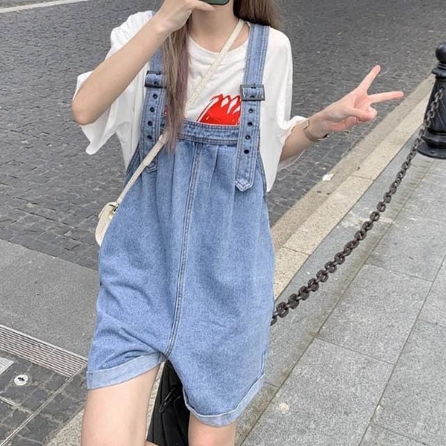 여성 연청 데일리 청 데님멜빵바지 통 멜빵반바지