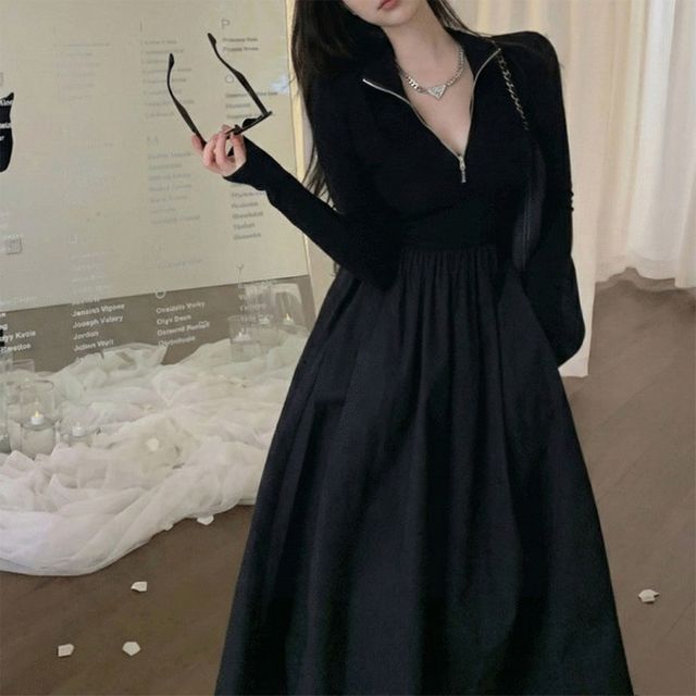 검정 하프 집업 니트 롱 원피스 여성 긴팔 데일리 캐주얼