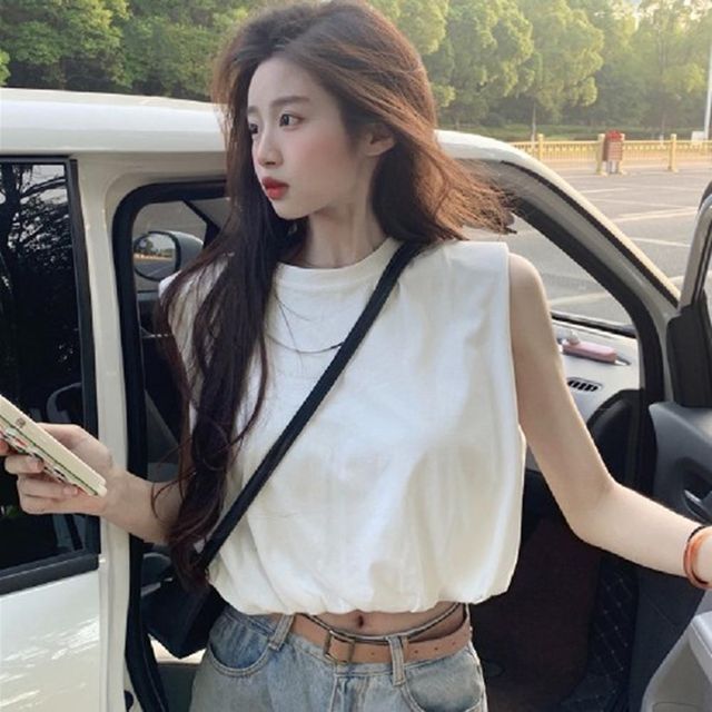 여름 나시티 슬림 핏, 여성 민소매 나시탑 반팔