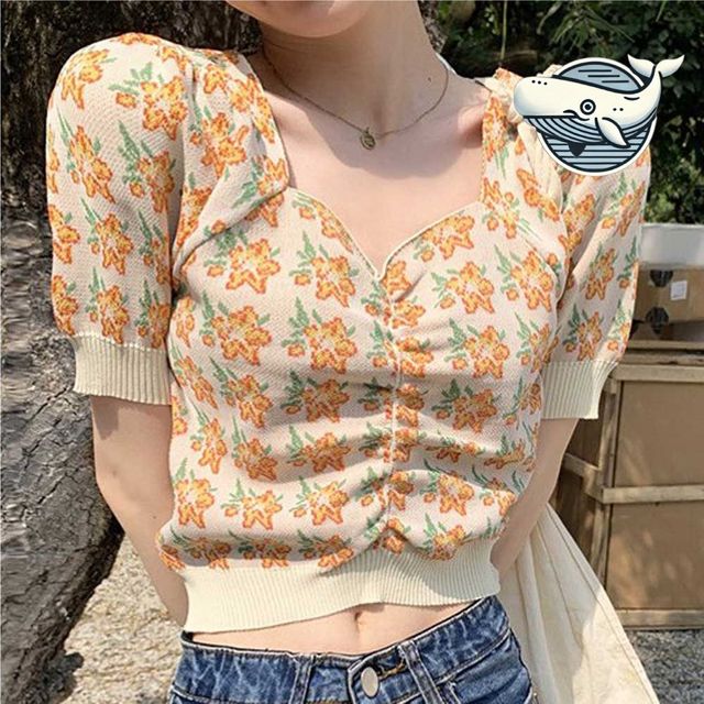 봄 여름 플라워 니트 크롭 반팔 티셔츠 여친룩