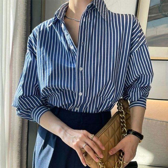 오버핏 세로줄 드레스셔츠 드레스셔츠셔츠 MF 여유핏 스탠다드 박시핏 여성용 세미정장 캠퍼스룩
