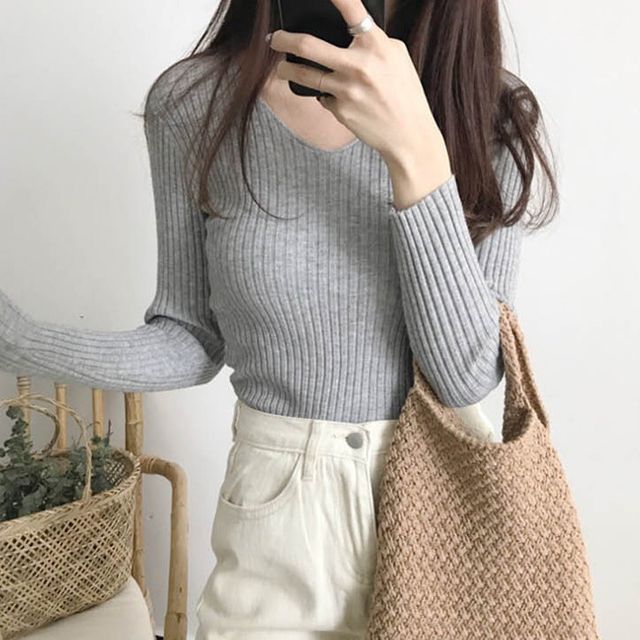 여성 브이넥 골지 긴팔 니트티 1P 봄가을 슬림 티셔츠