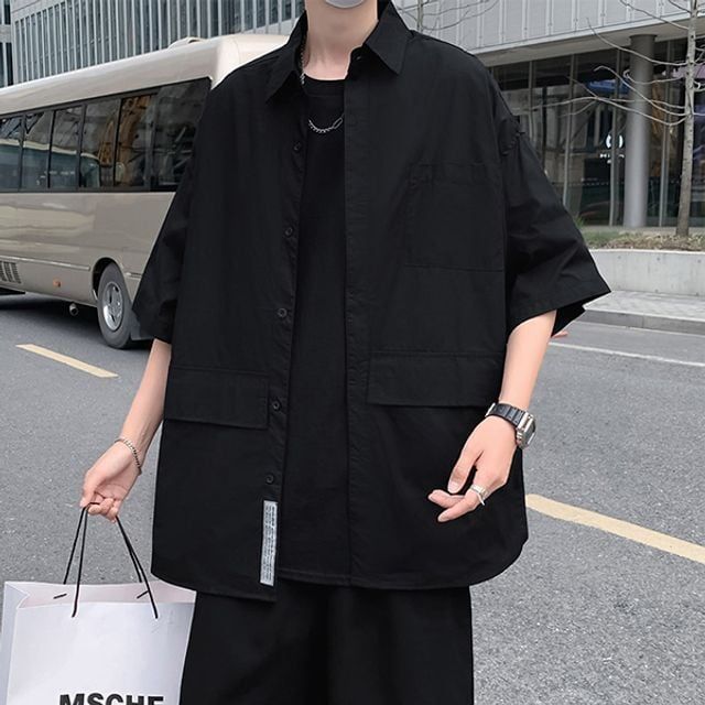 남성 오버핏 오버핏셔츠 2컬러 베이직 무지 캐주얼 반팔 셔츠