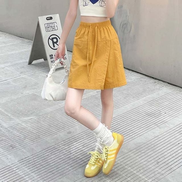 머스타드 랩 스타일 반바지 허리밴딩 캐주얼 치마바지 슬림핏 스판 러닝