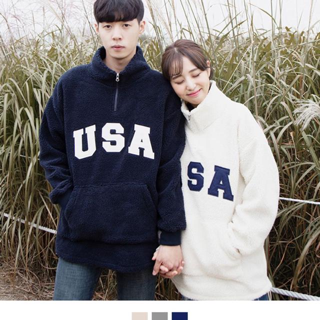 남녀공용 양털 USA 오버핏 반집업 포근한 티셔츠