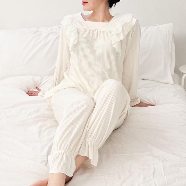 숄더 레이스 파자마 상하의 세트 반팔/긴팔 여성 잠옷 홈웨어 아이보리