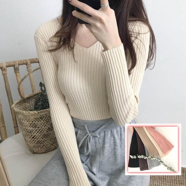 데일리 베이직 소프트 브이넥 골지 니트 긴팔 티셔츠