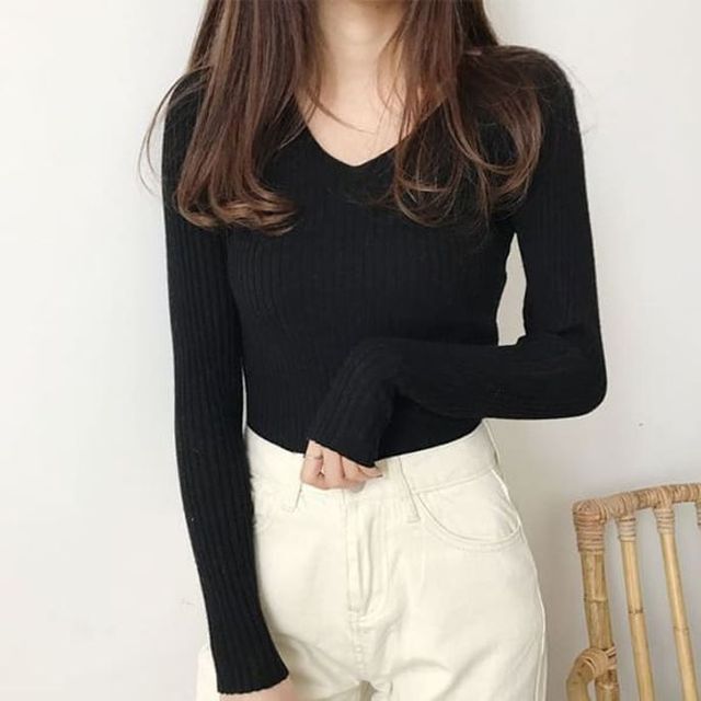 베이직 여성 긴팔 니트티 슬림핏 브이넥 기본 티셔츠