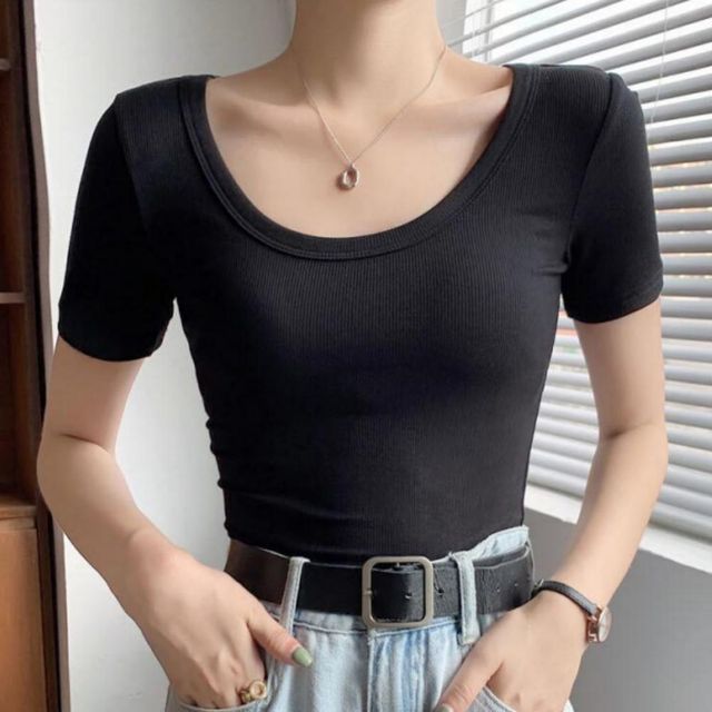 여성 골지 U넥 슬림핏 반팔티셔츠 여름 라운드넥 레이어드 이너티