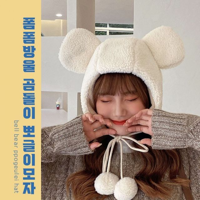 뽀글이 귀도리모자 3color 양털 폼폼 방울 모자 겨울 데일리 귀달이